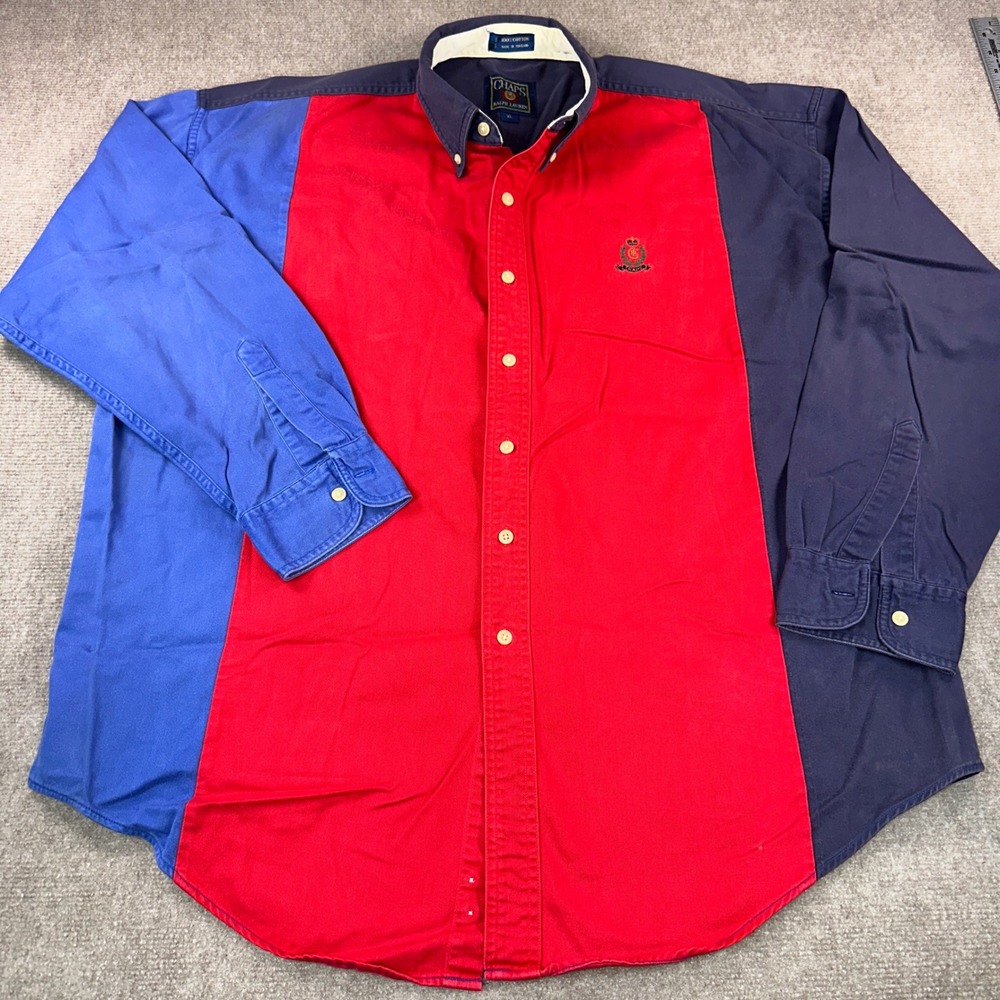 Vintage Chaps Ralph Lauren Color Block Button Down Shirt XL Red Navy Blue Crest